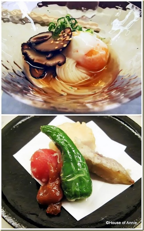 shiitake and soft-boiled egg on somen and deep fried seasonal items from maru in aoyama