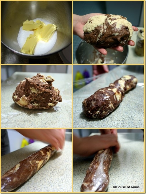 Making and rolling the marble cookie log