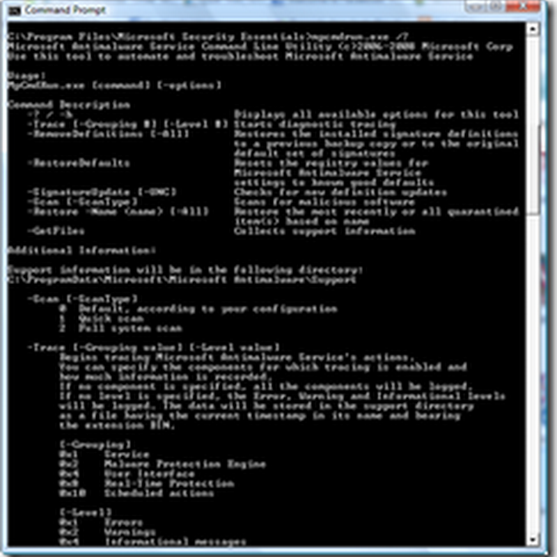 Microsoft Security Essentials command-line options