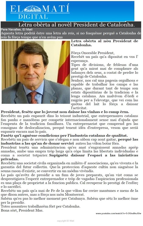 Letra al President Artur Mas ElMatí 291110 (Òc)