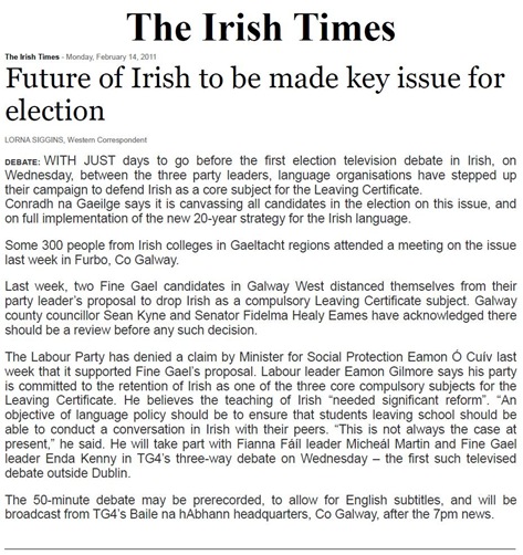 Lo futur de la lenga irlandesa TheIrishTimes 140211