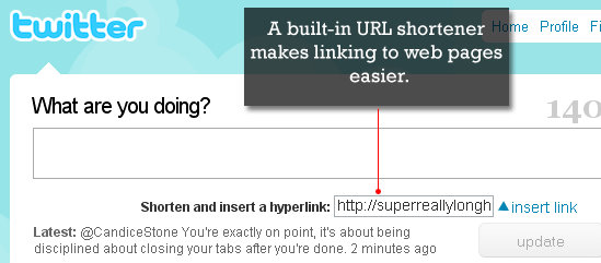 Example interface of built-in URL shortener on Twitter.