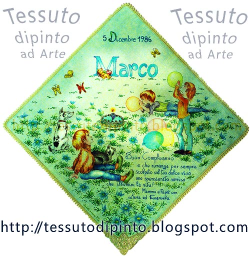 pittura su stoffa di lino con pennarelli indelebili: compleanno Marco