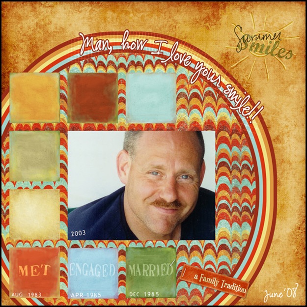 PSE4: -BKGD PAPER: KSC Restore 12x12 Solid Golden -CIRCLE: TCS ArtJournal Paper Biggie -SQUARES: TCS Naturescape Solids Paper (some recolored) -BHA SS Emb Exp Passport Stamps Biggie (all dates) -SG Relax WordArt SNU Smiles (recolored) -SG Relax WordArt MJO Hangtag-Tradition FONT: CK Ali's Hand Official