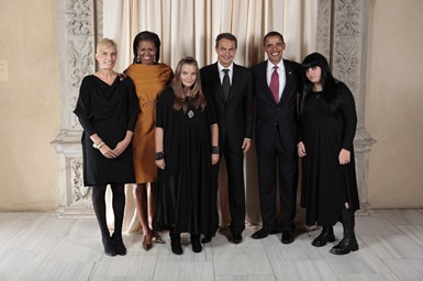 President Barack Obama and First Lady Michelle Obama pose for a photo during a reception at the Metropolitan Museum in New York with, H.E. Jose Luis Rodriguez Zapatero President of the Government of Spain and Mrs. Sonsoles Espinosa and family, Wednesday, Sept. 23, 2009. (Official White House Photo by Lawrence Jackson)

This official White House photograph is being made available only for publication by news organizations and/or for personal use printing by the subject(s) of the photograph. The photograph may not be manipulated in any way and may not be used in commercial or political materials, advertisements, emails, products, or promotions that in any way suggests approval or endorsement of the President, the First Family, or the White House. 

