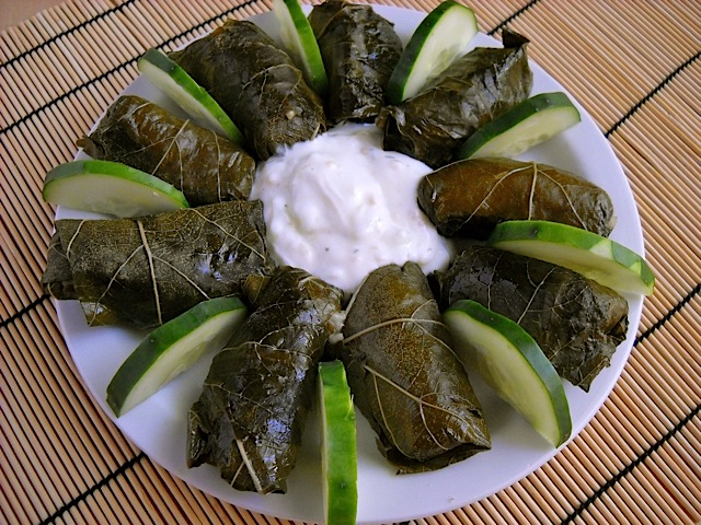 Dolmas / Stuffed Grape Leaves on white plate with sauce and cucumber slices 