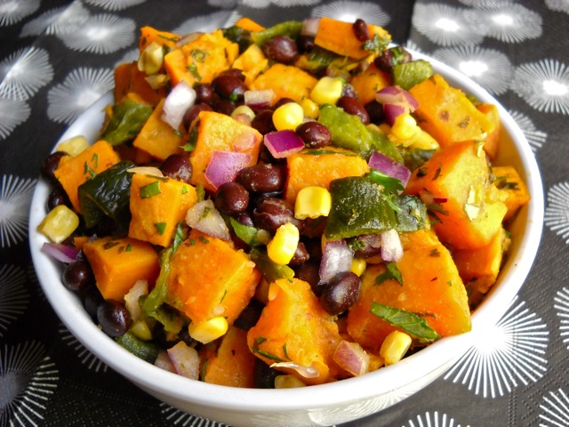 Roasted Poblano and Sweet Potato Salad in a white bowl 