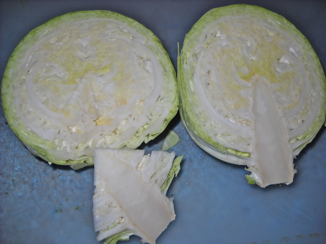 core cabbage cut in half 
