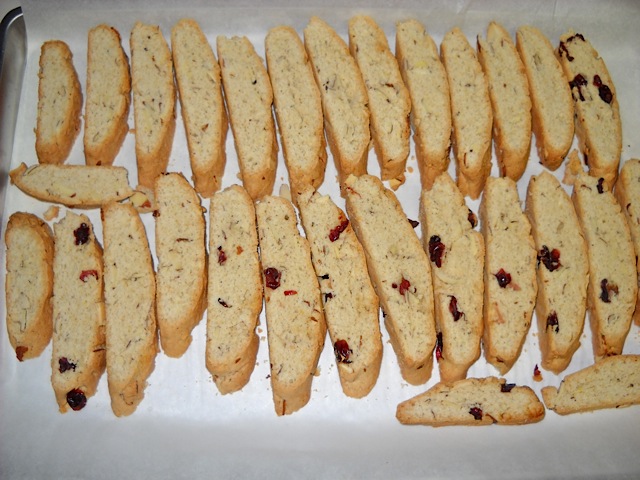  slices of biscotti ready to put back in oven 