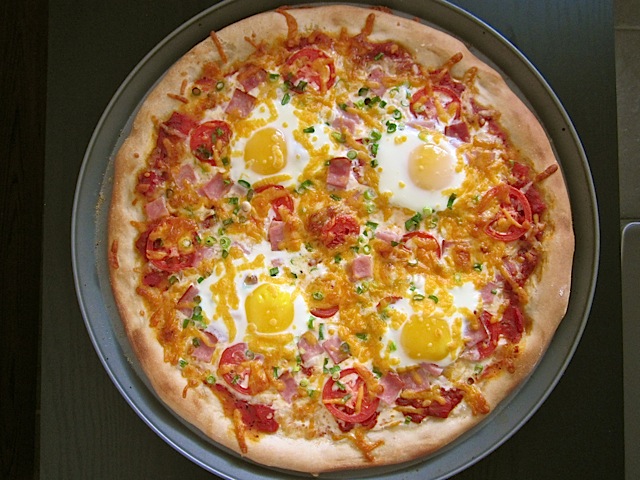 Top view of baked breakfast pizza
