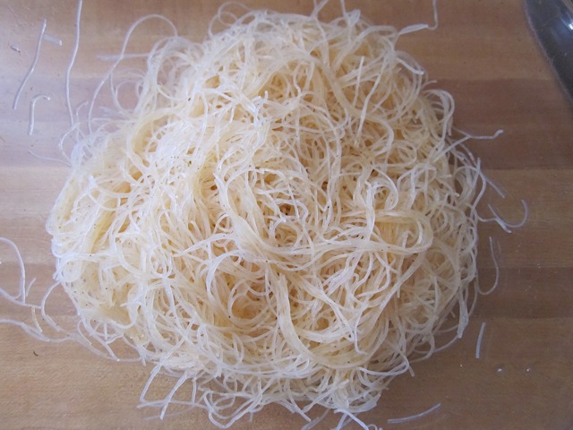 pile of cut noodles on counter 
