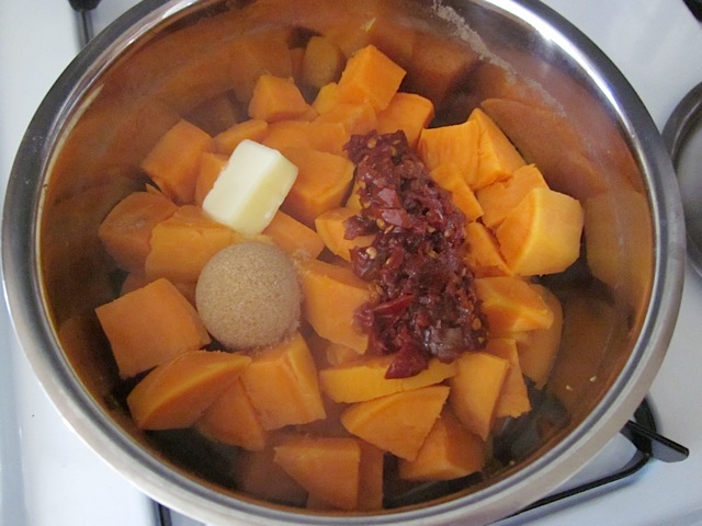 Cooked sweet potatoes and seasoning in mixing bowl 