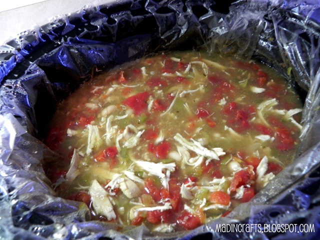 chicken tortilla soup in a lined crockpot