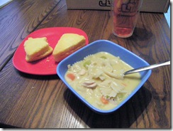Don's homemade chicken pasta soup with LaVon's cornbread wedges