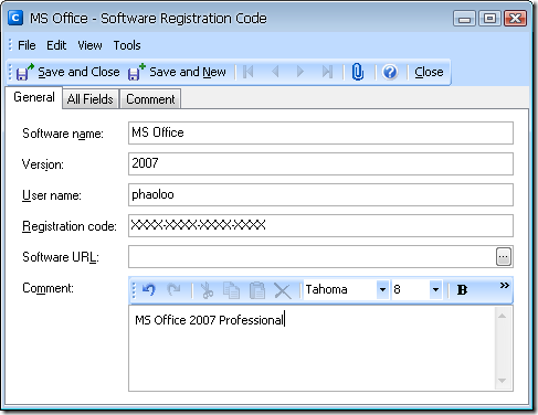 Efficient Password Manager - Add new Software Registration Code
