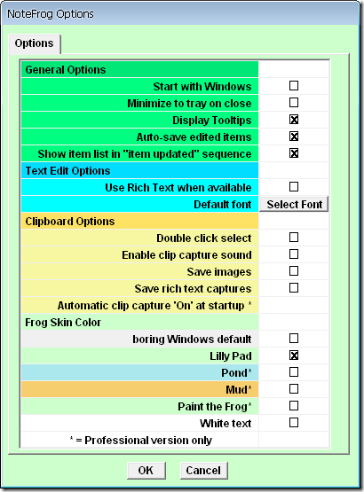 FrogNote - Options