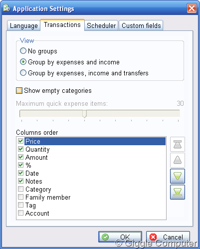 Personal Finances Free - Settings - Transactions