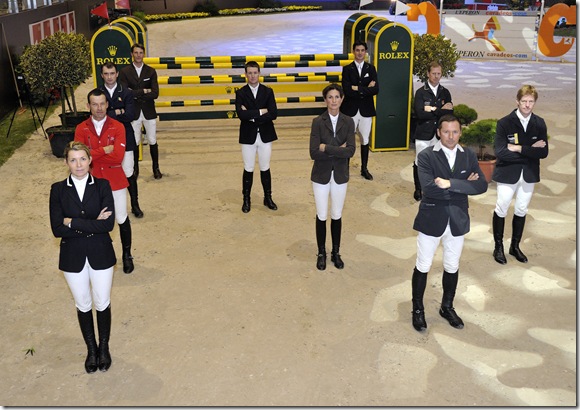 The riders who will compete in the Rolex IJRC Top Ten Final in Geneva on Friday 10th December.

From front left- Edwina Alexander,Pius Schwizer, Denis Lynch, Kevin Staut

From front right- Eric Lamaze,Penelope Leprevost, McLain Ward, Steve Guerdat, Rolf-Goran Bengtsson, Marcus Ehning