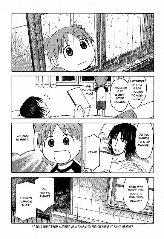Yotsuba&! Chapter 33: Yotsuba & Sunny Skies page 1 - Teru teru bōzu (Japanese: てるてる坊主; shiny-shiny Buddhist priest[1]) is a little traditional hand-made doll made of white paper or cloth that Japanese farmers began hanging outside of their window by a string. This amulet is supposed to have magical powers to bring good weather and to stop or prevent a rainy day. Teru is a Japanese verb which describes sunshine, and a bōzu is a Buddhist monk (compare the word bonze), or in modern slang, bald-headed. - WIKIPEDIA
