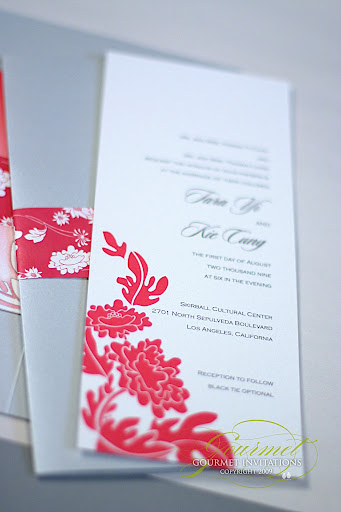  of the wedding invitation was designed with a flowing fuschia peony