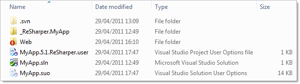 Typical .NET app showing user setting files