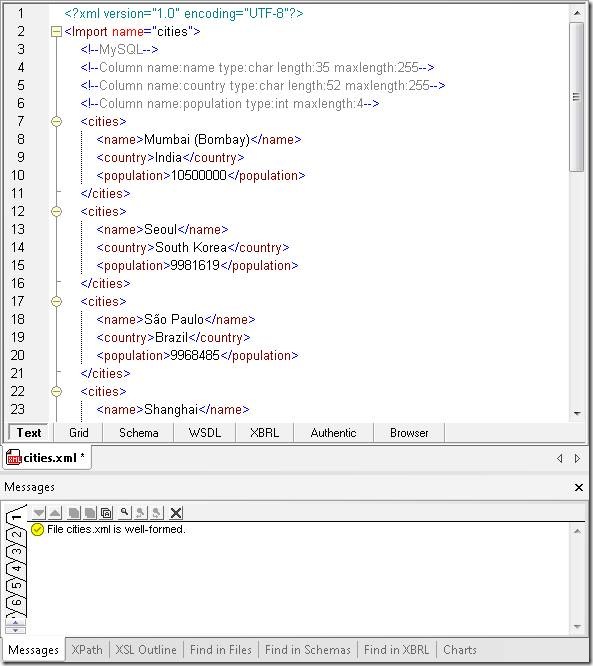 XMLSpy Editing window and Message window