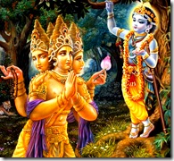 Lord Brahma offering prayers to Krishna