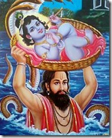 Vasudeva carrying baby Krishna to safety