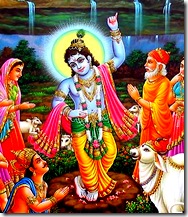 Lord Krishna holding up Govardhana Hill