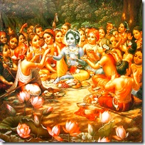 Lord Krishna eating lunch with cowherd friends