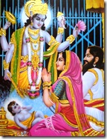 Vasudeva and Devaki offering obeisances to Krishna
