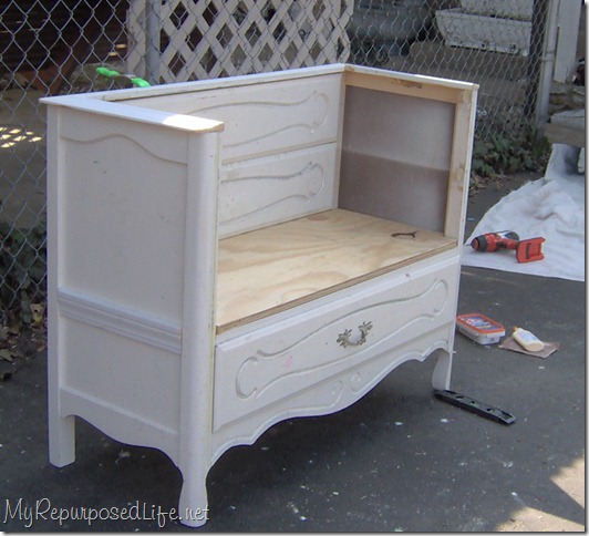 dresser repurposed into a bench