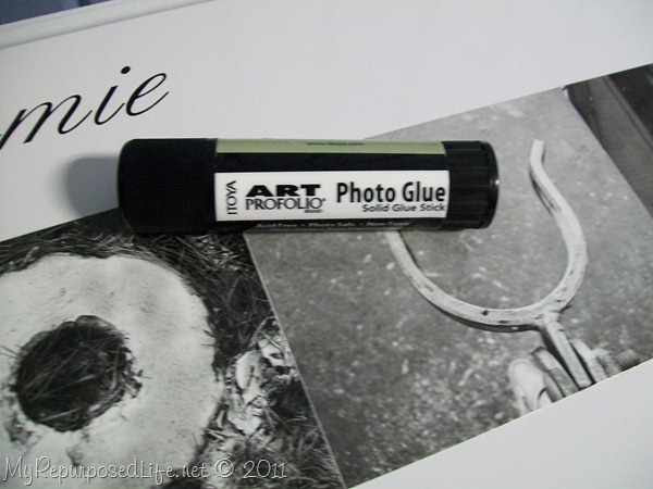 glue black and white photos onto sign