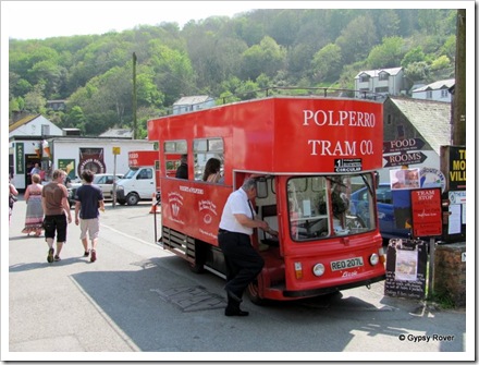 Polperro trams. Converted milk floats. The horse drawn trams have been withdrawn.