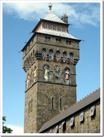 Cardiff Castle clock tower with seven figures representing sign's of the Zodiac.