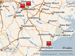 North Carolina Map: The pin next to Wilmington is the rental house. The pin east of Raleigh is Barb and Gary's house and the pin west is RDU Airport.