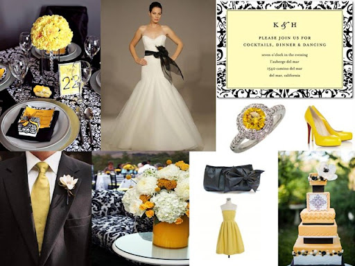 photo credits damask black white yellow table Wedding Dress by Ramona