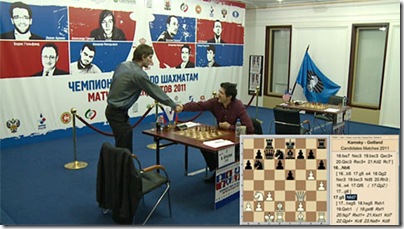 Grischuk shaking hands with Kramnik