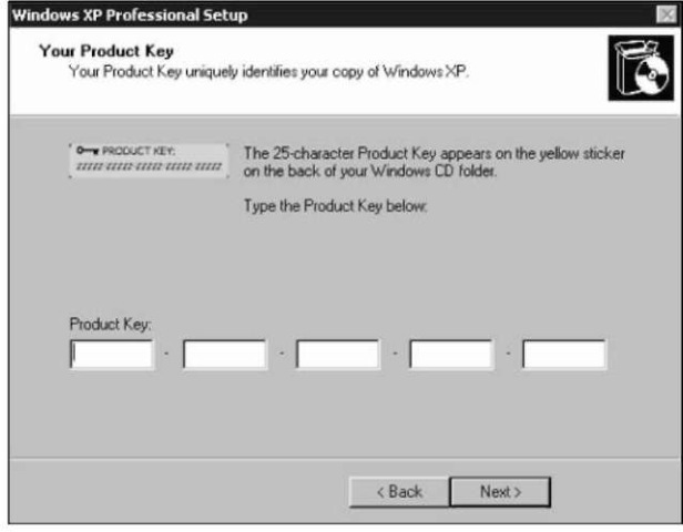 Windows XP se instalará principalmente si elige en el mercado proporcionar una clave de aplicación de 25 caracteres