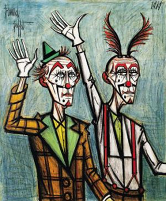"Two Clowns With Their Arms Raised", de Bernard Buffet 