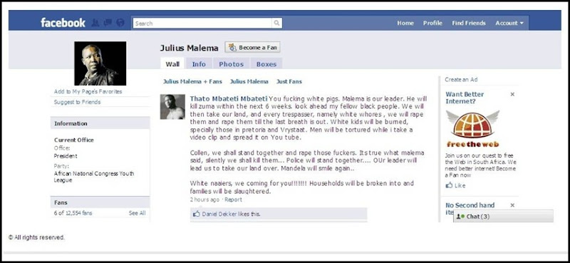 Facebook Julius Malema hatespeech against Afrikaners