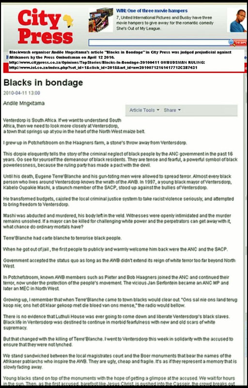 Blackwash Andile Mngcitama BLACKS IN BONDAGE article City PressApril112010PrejudicedAgainstAfrikanersRuleP1