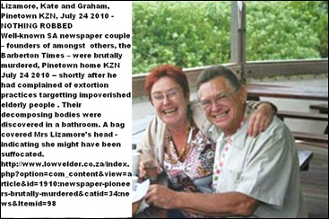Lizamore Graham 62 and Kate 50 founded Barberton Times murdered Pinetown KZN July 24 2010