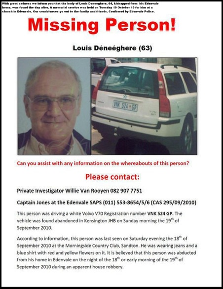 Deneeghere Louis SAPS missing poster Sept 2010 WAS FOUND MURDERED
