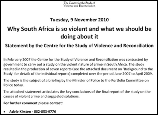 CRIME VIOLENCE CRUELTY IN SA REPORT CSVR