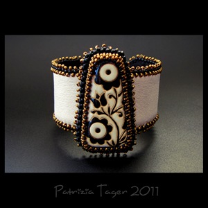 Black and Bonze Flowers - Ivory Leather Cuff 01 copy