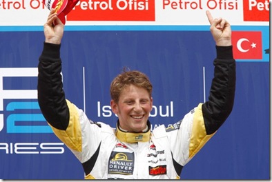 2008 GP2 Series. Round 2. Istanbul Park, Istanbul Turkey. 11th May. Sunday Race.  Romain Grosjean (FRA, ART Grand Prix) celebrates victory on the podium.  World Copyright: Andrew Ferraro/GP2 Series Media Service. ref:__H0Y9183.jpg
