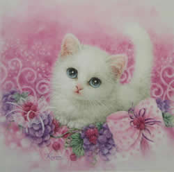 "Thinking of you" بچه گربه سفید میان گل گلها ربان روبان ها هدایا هدیه میوه شکلات شوکولات زمینه صورتی نقاشی آبرنگ کایومی kayomi panting نقاشی کایومی نقاش ژاپنی تبار طبیعی جالب توجه زیبا