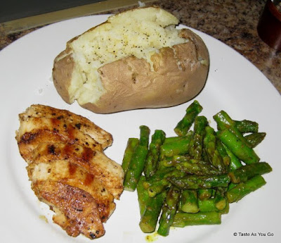 Grilled Lemon Pepper Chicken Breast, Asparagus with Honey and Curry Butter, and Baked Potato - Photo by Taste As You Go