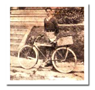 Comic book artist Jack Cole and his bicycle in 1932
